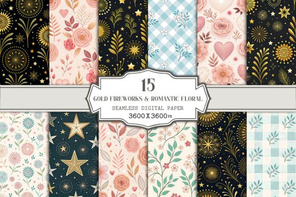 Gold Fireworks Romantic Floral Seamless Patterns