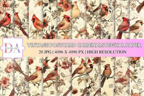 Vintage Postcard Cardinals Digital Paper Guide